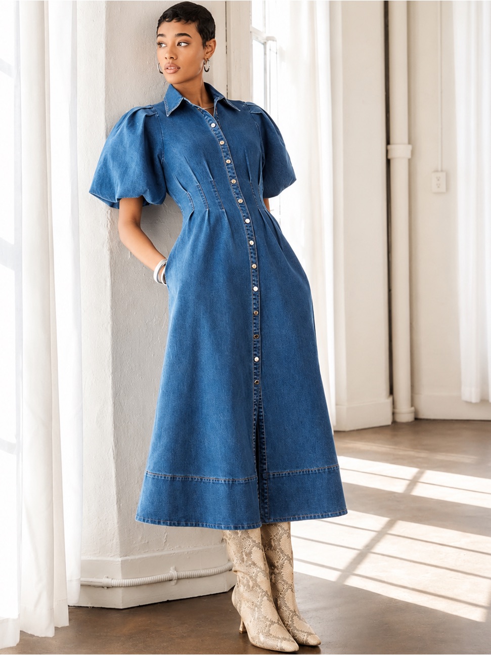 New House Of Harlow Puffer And Pleated Waist Sleeves Denim Dress 6 No Discount